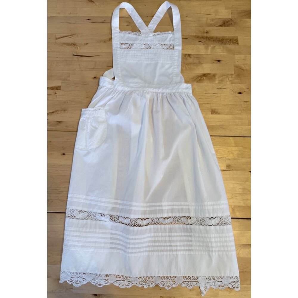 Vintage Paper White Linen Handmade Lace Embroidered Apron